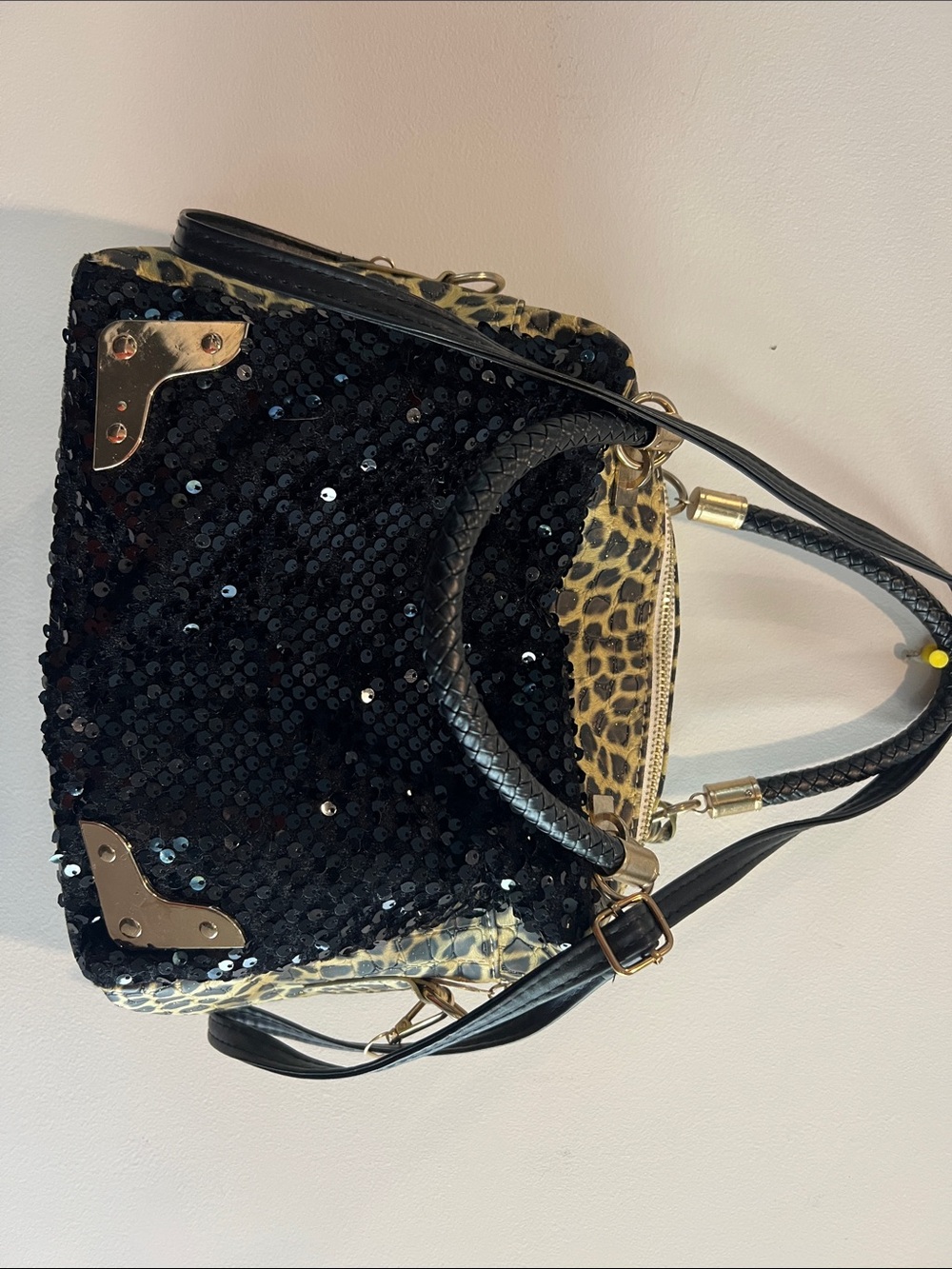 JINGPIN Leopard Print & Black Sequin Satchel Bag – Gold Hardware